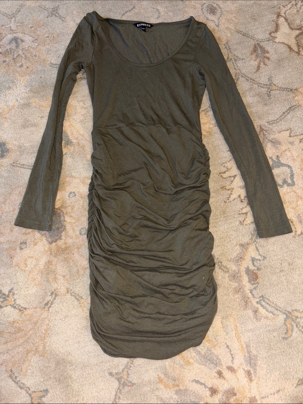 Express Olive Ruched Long-Sleeve Bodycon Dress